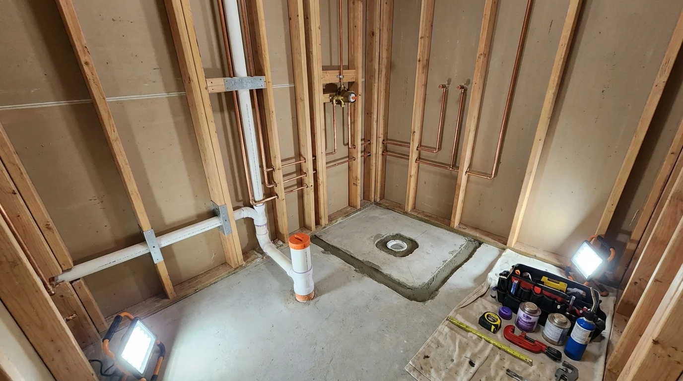 Bathroom rough-in plumbing during remodel by Johns Plumbing LLC in Buena Park