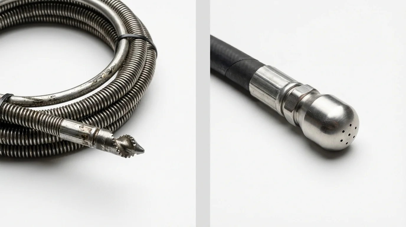 Drain snake cable and hydro jetting nozzle used for drain cleaning in Buena Park, CA