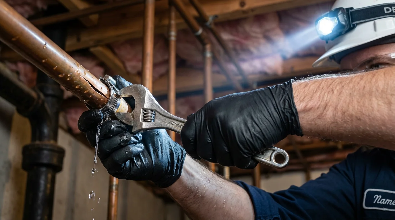 Emergency pipe clamp repair being performed by a Johns Plumbing LLC plumber in Buena Park