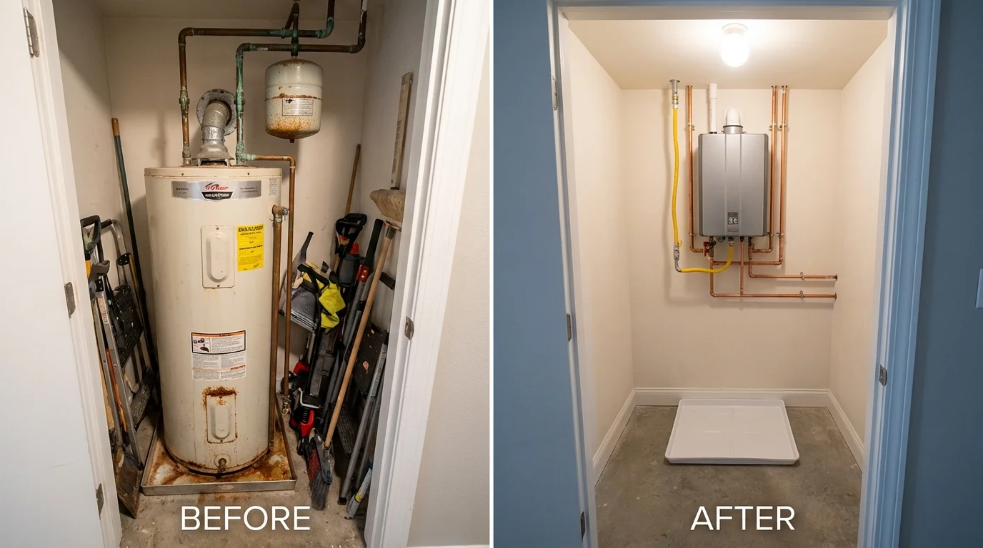 Tank water heater versus wall-mounted tankless unit comparison for Buena Park, CA homeowners