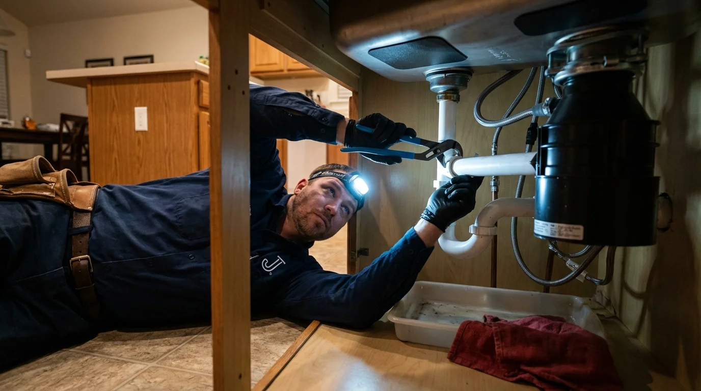 P-trap and supply line connections under a kitchen sink showing a common leak point in Buena Park, CA