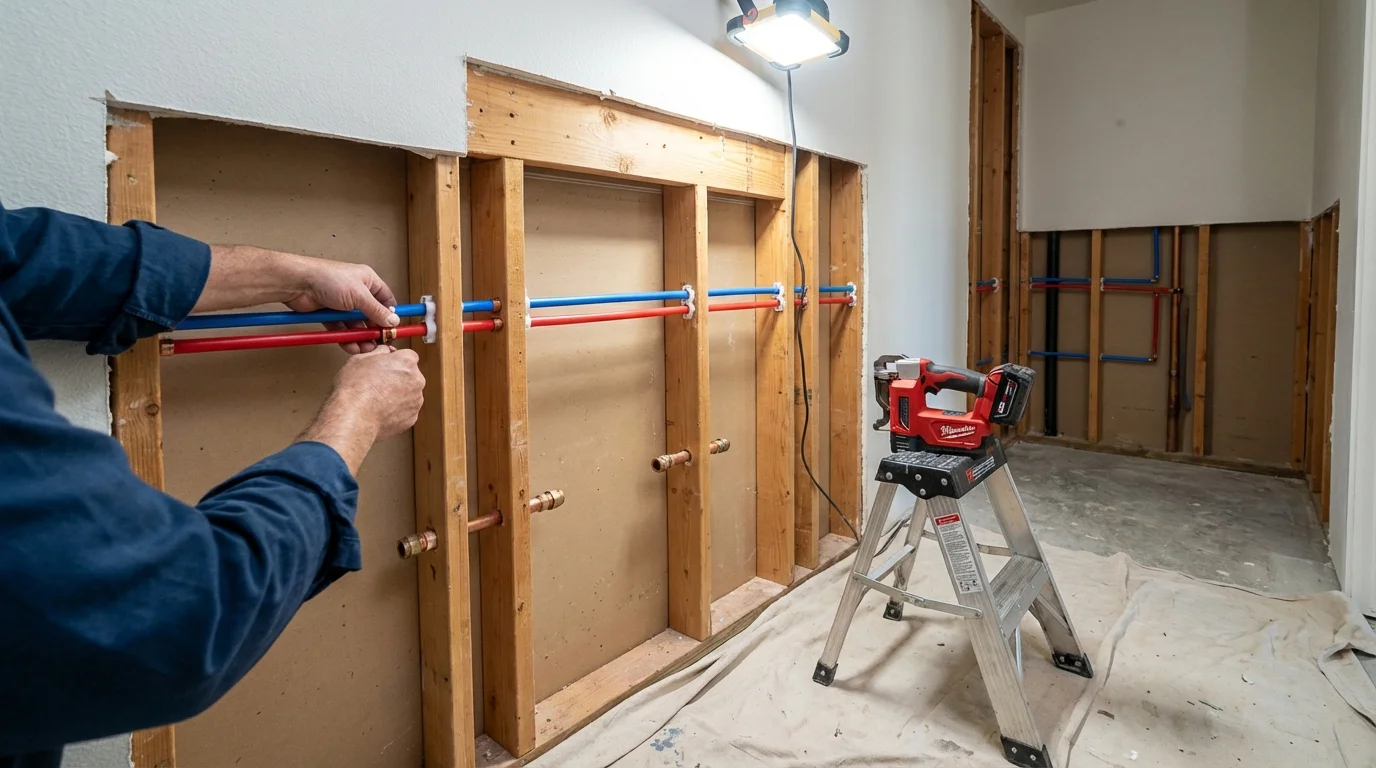 Old galvanized pipes being replaced with modern PEX piping during a whole-house repipe in Buena Park, CA